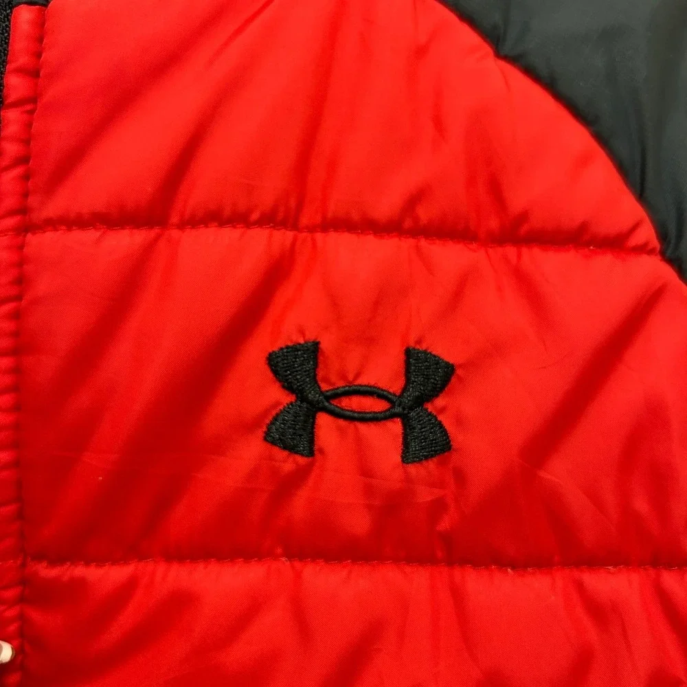 Under Armour Youth Large Red Black Hooded Puffer Jacket Full Zip Quilted Coat